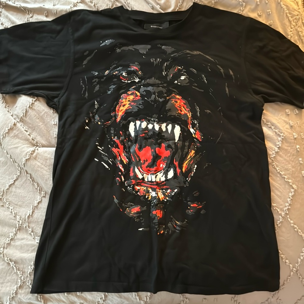 Givenchy Black Graphic Rottweiler Tee with Red & Orange Accents - Picture 1 of 4
